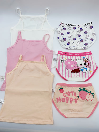 3-piece girls' cotton underwear set featuring cute cartoon tank tops and briefs, suitable for all seasons with a breathable comfort fit.