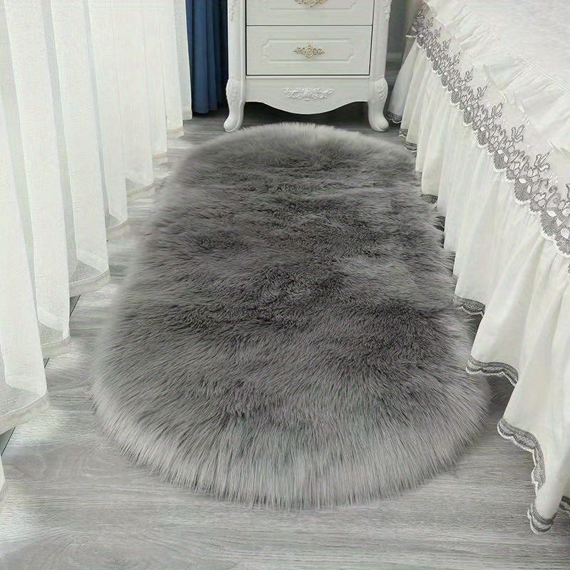 One piece of solid fuzzy oval rug, a contemporary floor carpet perfect for bedrooms.