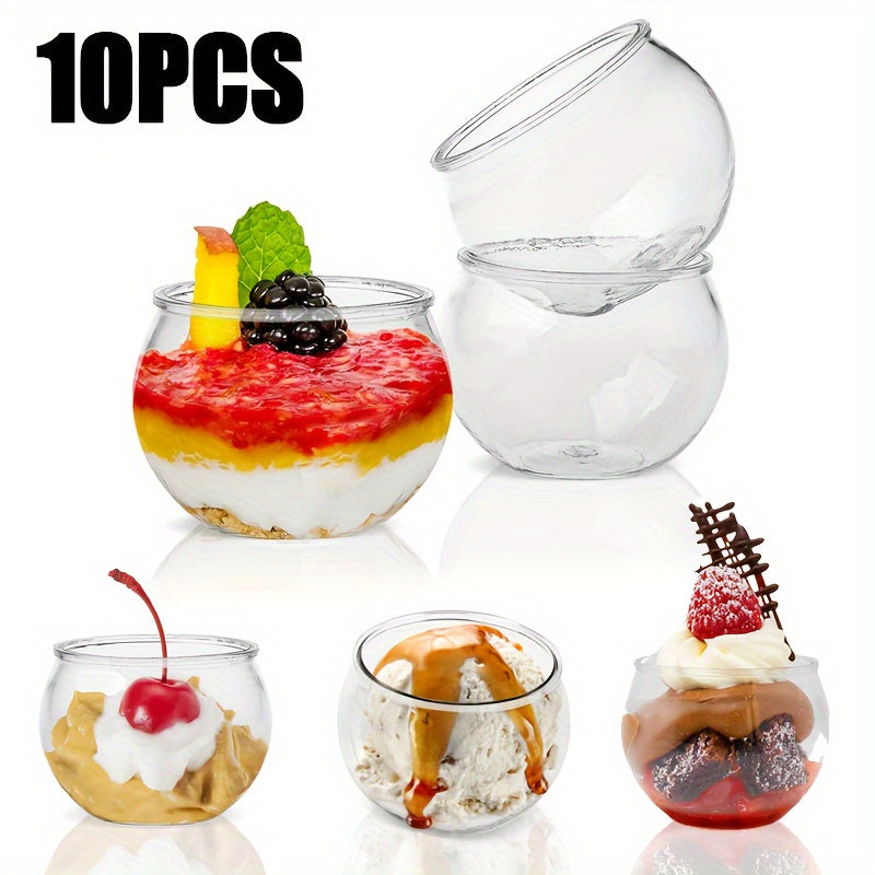 "Set of 10 Disposable Round Party Dessert Cups, 120ml - Ideal for Cake, Yogurt, Appetizers, Ice Cream, Mousse, and more. Made from PET material.