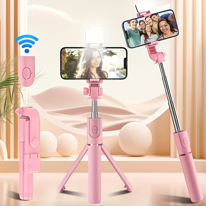 Automated selfie stick with wireless phone holder that doubles as a tripod for live streaming and photography. Great for both indoor and outdoor use.