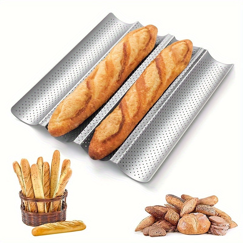 Enhance your baking experience with our top-notch non-stick perforated baguette baking trays, designed with rounded corners for easy handling. This set of 4 trays is ideal for baking French bread, sourdough bread, and Italian bread, ensuring a perfectly