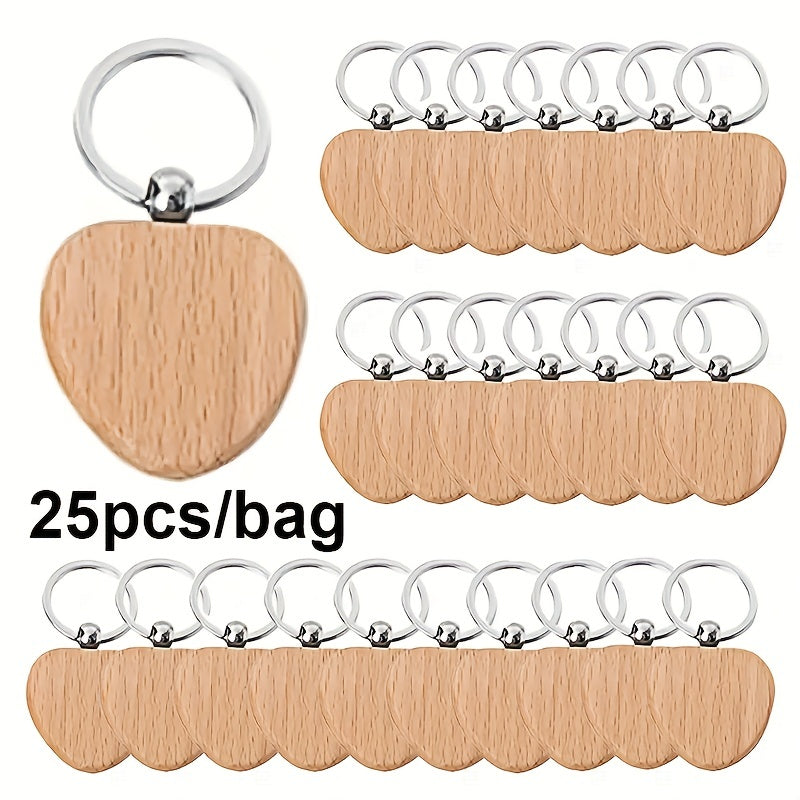 Wooden keychains are available in packs of 25, each bag containing a mix of round, rectangle, and heart-shaped blanks that are perfect for laser engraving.