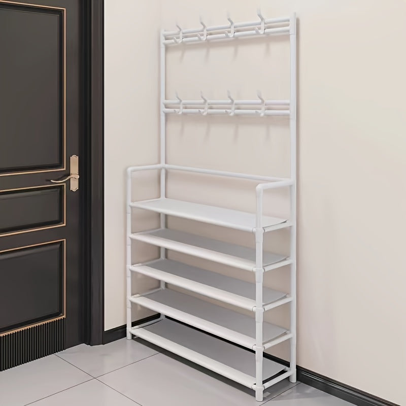 Freestanding Metal and Plastic Shoe Rack with 4/5 Tiers, 8 Hooks, and 2.27 KG Weight Capacity - Black/White Shoe and Clothes Organizer, Easy to Assemble.