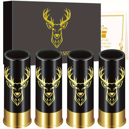 Set of 4 reusable plastic shot glasses with deer and skull designs and 12GA bullet shaped cups. Made of recyclable material, ideal for parties and gifting.