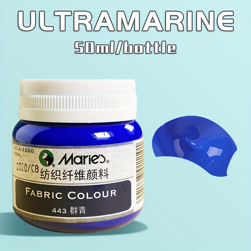 1 bottle of Marie's Fabric Paint, 50ml - 12 colors available for permanent clothes painting. Includes medium brush. Ideal for artists and crafters. Suitable for t-shirts, shoes, jeans