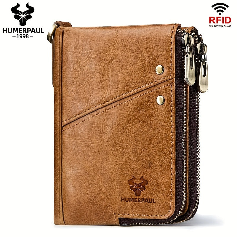 Large capacity multi-function clutch wallet made of genuine leather with zipper pocket and snap closure, suitable for casual style. Dry clean only, no printing, and edge painted.