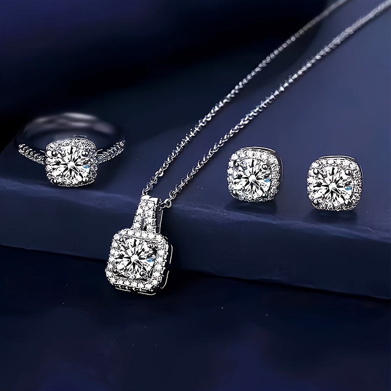 Set includes earrings, ring, and necklace with square synthetic Zirconia design, perfect for special occasions and gift giving.