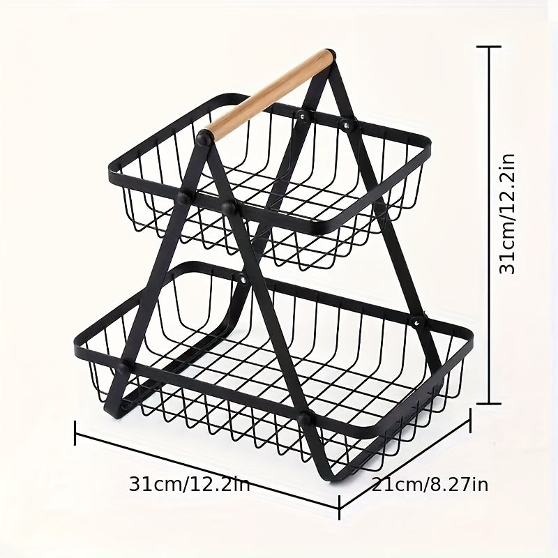 1pc 2/3tier storage basket with drain basket and removable wire basket with wooden handle for bathroom and kitchen storage