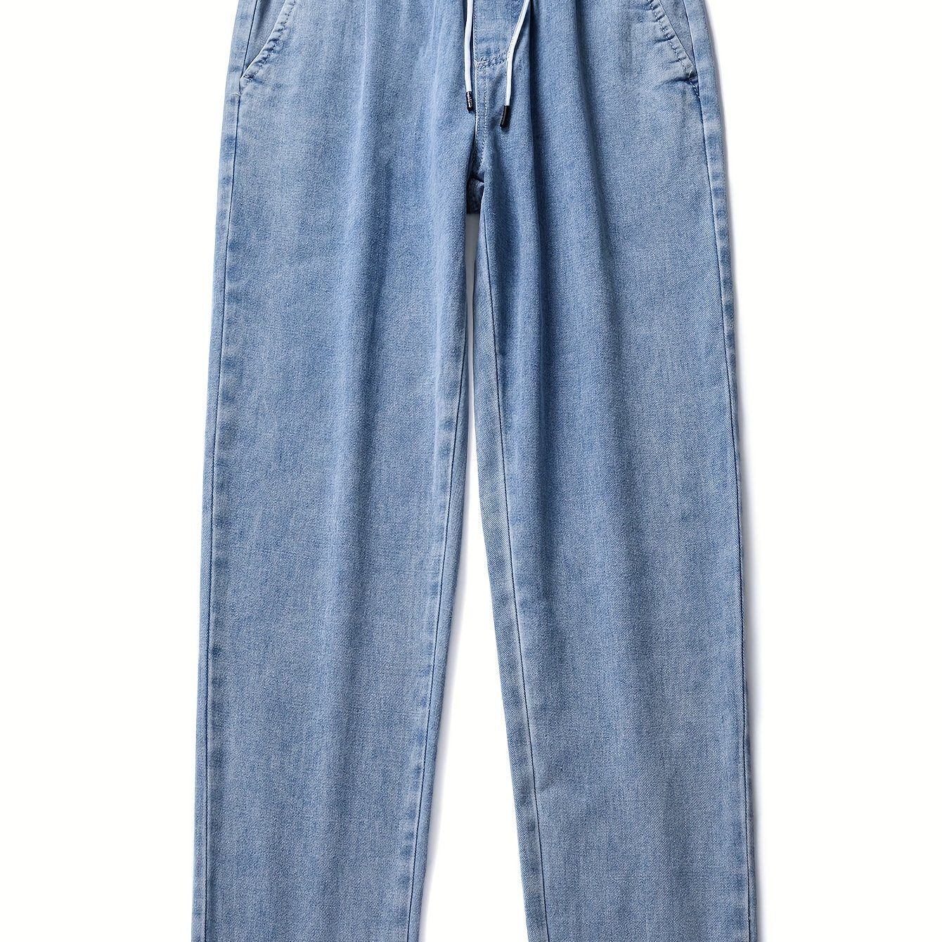 Mens' washed denim trousers with pockets and drawstring waist for outdoor activities