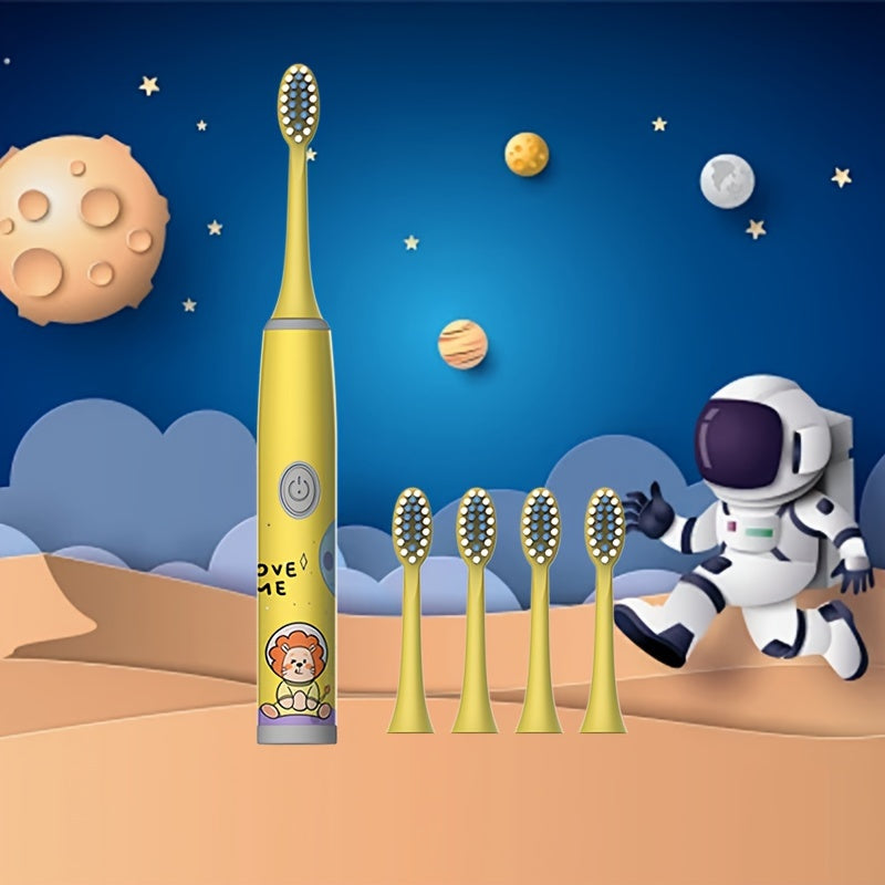 Cartoon Space Series Electric Toothbrush with 5 brush heads, battery powered, soft bristle, 2-minute timer, deep clean, cavity protection, perfect birthday gift.