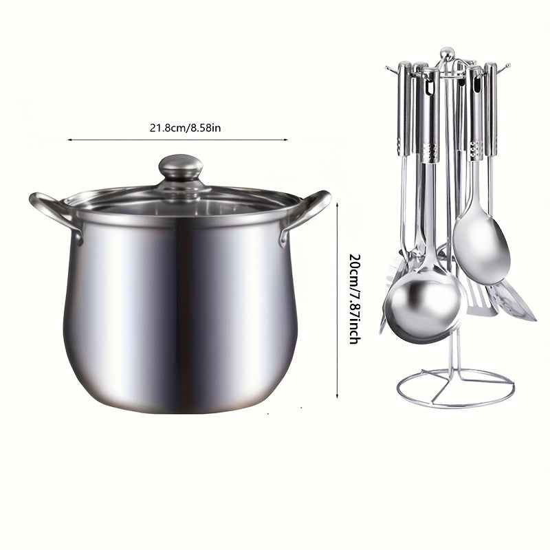 Stainless Steel Soup Pot Set for Outdoor Camping Cooking - Includes Large Stockpot and 7-Piece Cutlery Set for Kitchen Utensils and Accessories