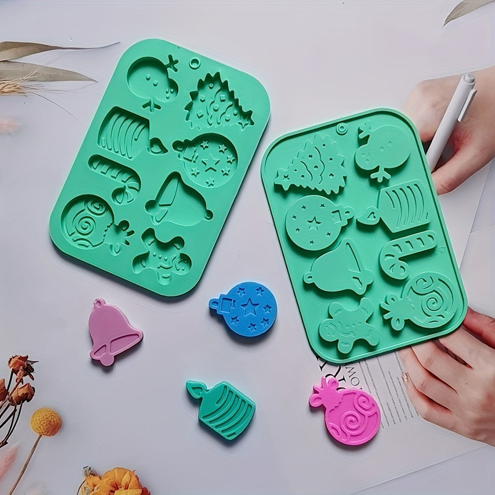 1 piece of Christmas Silicone Cookie Mold with 8 cavities, featuring shapes of Christmas tree, elk, bell, and snowman. This versatile mold can be used to make cakes, chocolates, biscuits, candies, jellies, and puddings. Perfect for creating festive