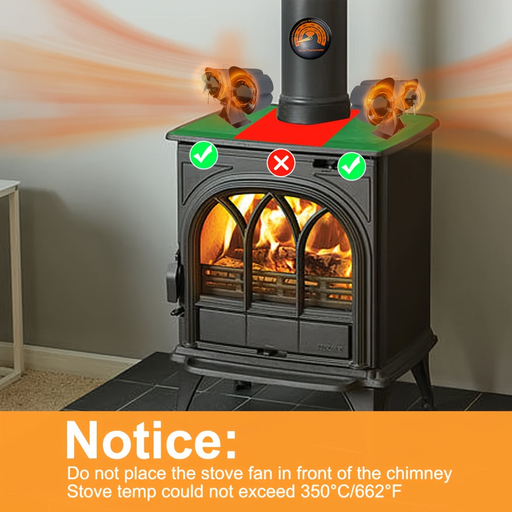 Efficiently distribute heat with the Dual-Head 12-Blade Wood Stove Fan - Non-Electric, Heat-Powered with Thermometer. Perfect for log burners and fireplaces.