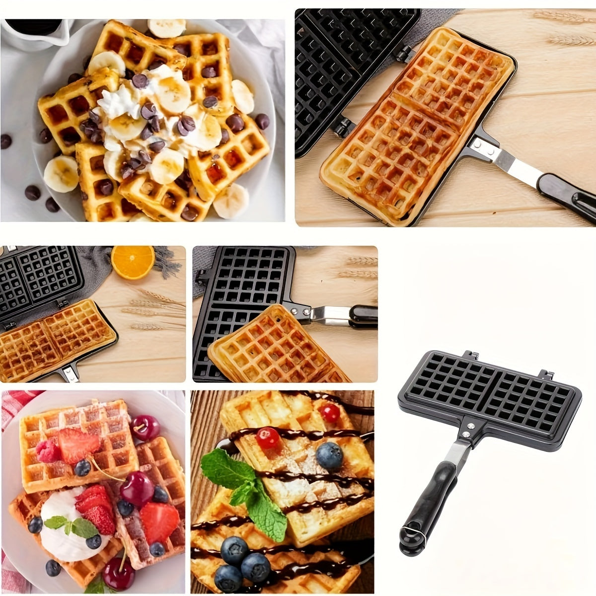 Get ready to make delicious double-sided waffles at home with this durable aluminum alloy waffle maker featuring non-stick plates and a long handle for easy flipping.