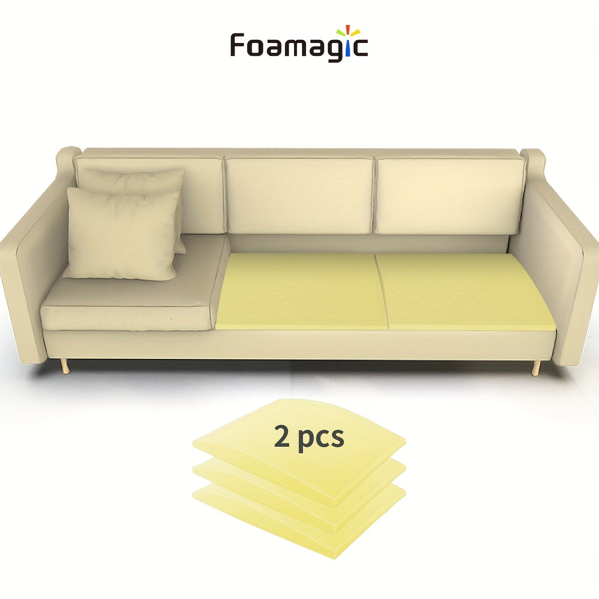 Foamagic Foam Cushion Set includes 3 pieces, each measuring 50.8cm X 50.8cm, designed to provide support for your couch, chair, or loveseat. These high-density cushions help repair sagging seats and enhance comfort. Perfect for curved furniture.