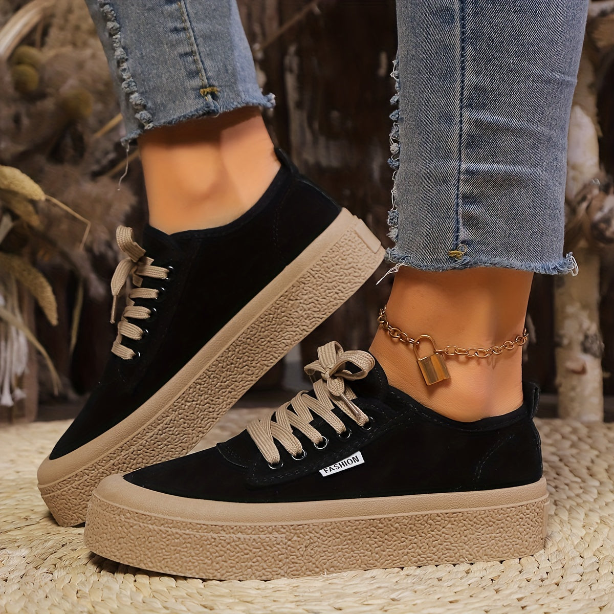 Chunky platform sneakers for women with summer canvas fabric, lace-up design, solid color, rubber sole, and non-washable.