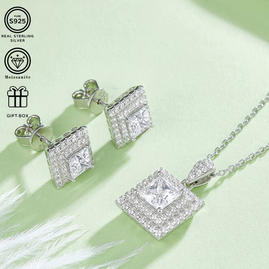 This luxurious jewelry set for women features a stunning collection of S925 silver square moissanite pieces. Included is a 1ct moissanite necklace and 0.5*2ct moissanite earrings, both designed to sparkle and shine. This set is perfect for gifting