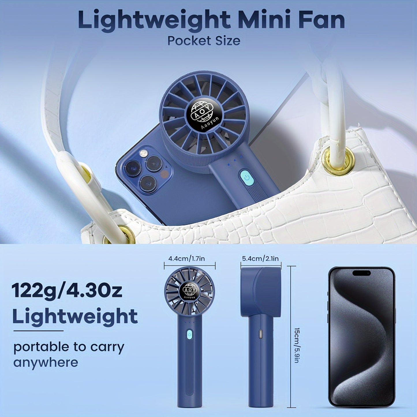 A rechargeable mini turbine fan with USB port, featuring a lanyard for easy carrying. This portable handheld fan offers 4 wind speeds and can run for 3-16 hours on a single battery charge. Perfect for travel, camping, and outdoor use, as well as for