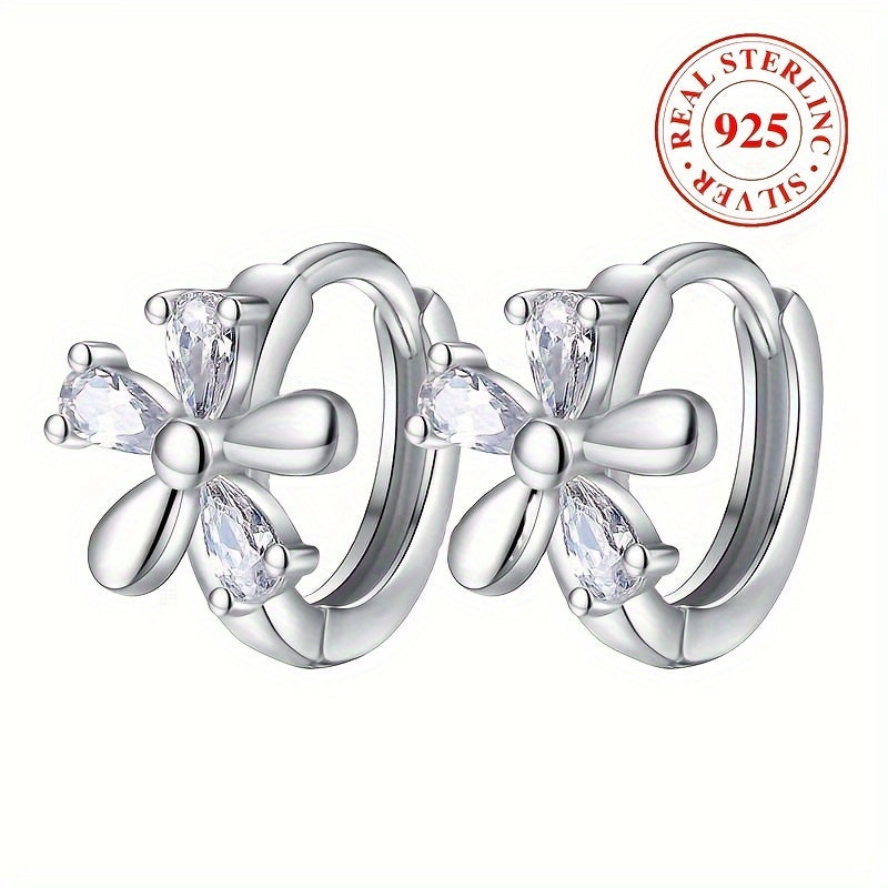 Elegant Luxury Style Women's Party/Wedding Earrings - S925 Silver Hypoallergenic Hoop Earrings Featuring Flower Design and Shiny Zirconia Inlay