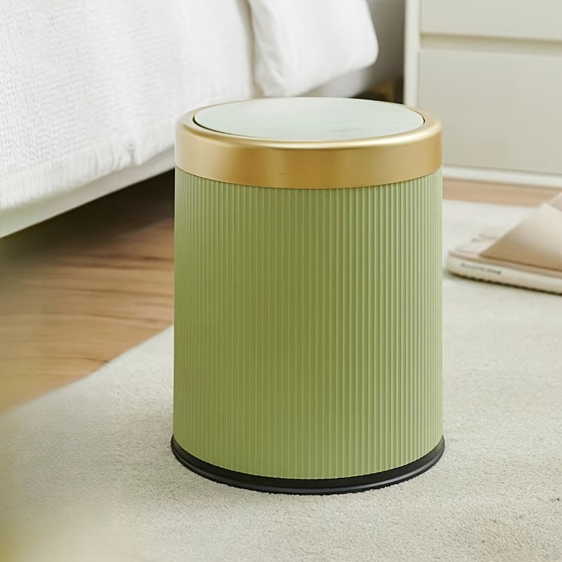 Cylindrical covered trash can for kitchen, bedroom, and living room with manual lifting lid.