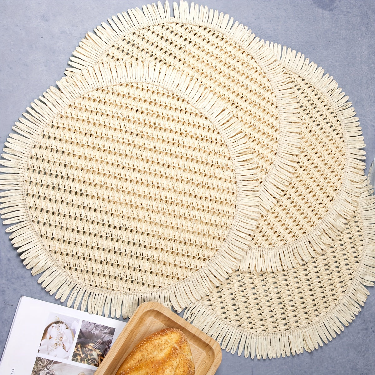 Boho Jute Round Placemats with Fringe, Rustic Farmhouse Table Mats for Indoor and Outdoor Dining.