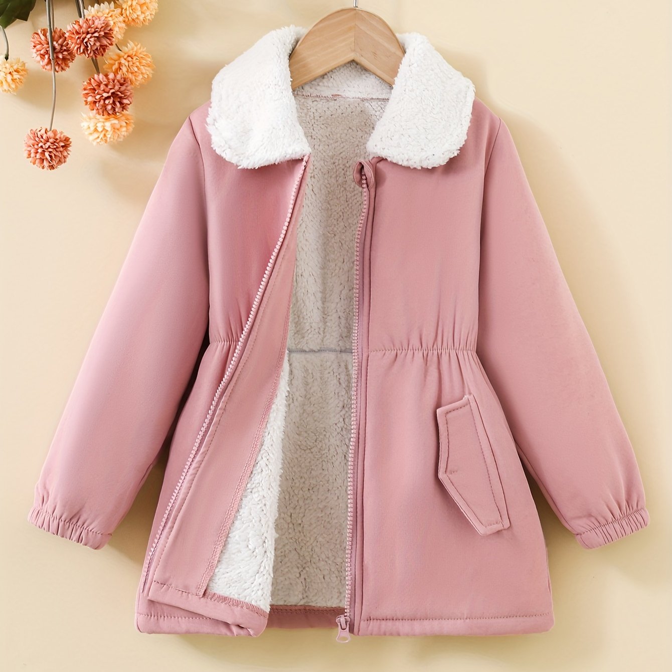 Elegant girls' coat with fleece lining, waist cinching. Machine washable polyester, perfect for fall/winter. Stylish and loose-fit for autumn/winter.