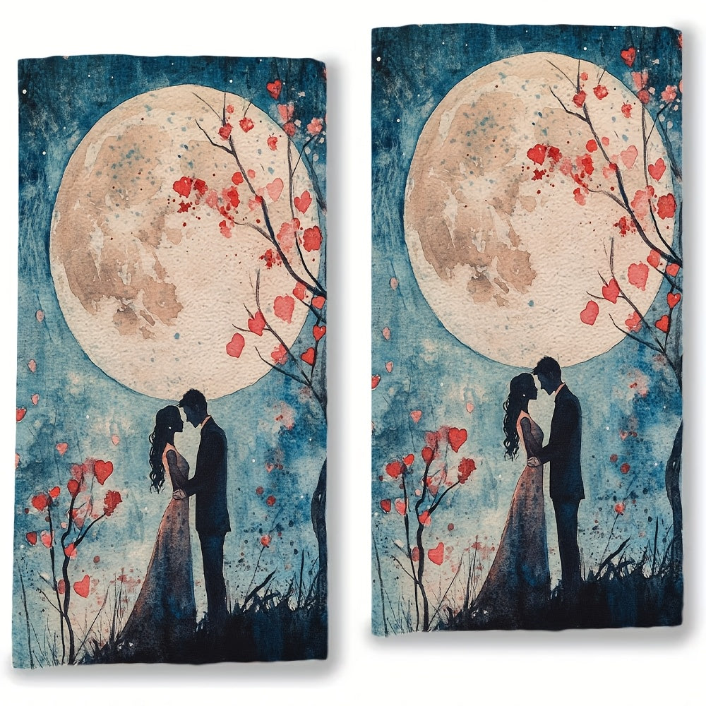 Set of 2 Romantic Moonlit Lovers Kitchen Towels - Made from Ultra Soft, Highly Absorbent Polyester Material, measuring 40.64x60.96 cm - Easy to Clean in Washing Machine, featuring Watercolor Style with Cherry Blossoms & Full Moon Design, Perfect for