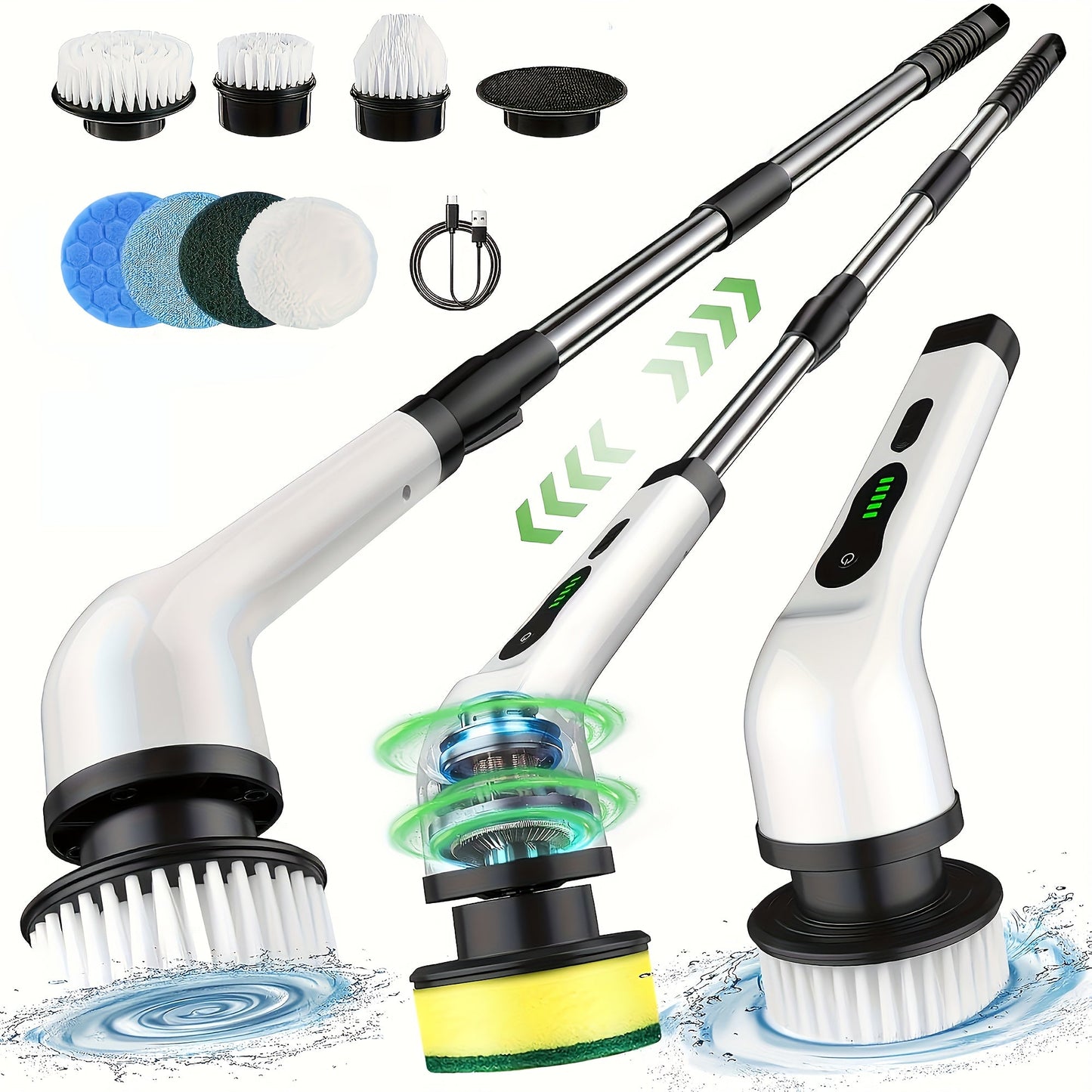 Introducing the compact and powerful Electric Cleaning Brush with Rotating Floor Washing capabilities. This wireless device comes with 7 interchangeable brush heads and an adjustable extended handle for versatile cleaning. Perfect for bathrooms