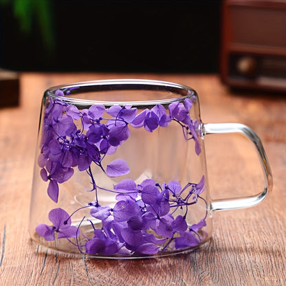 7oz Double-Walled Glass Mug with Real Flowers - Ideal for Tea, Milk, Coffee | Anti-Scald Handle | Perfect Gift for Friends & Colleagues