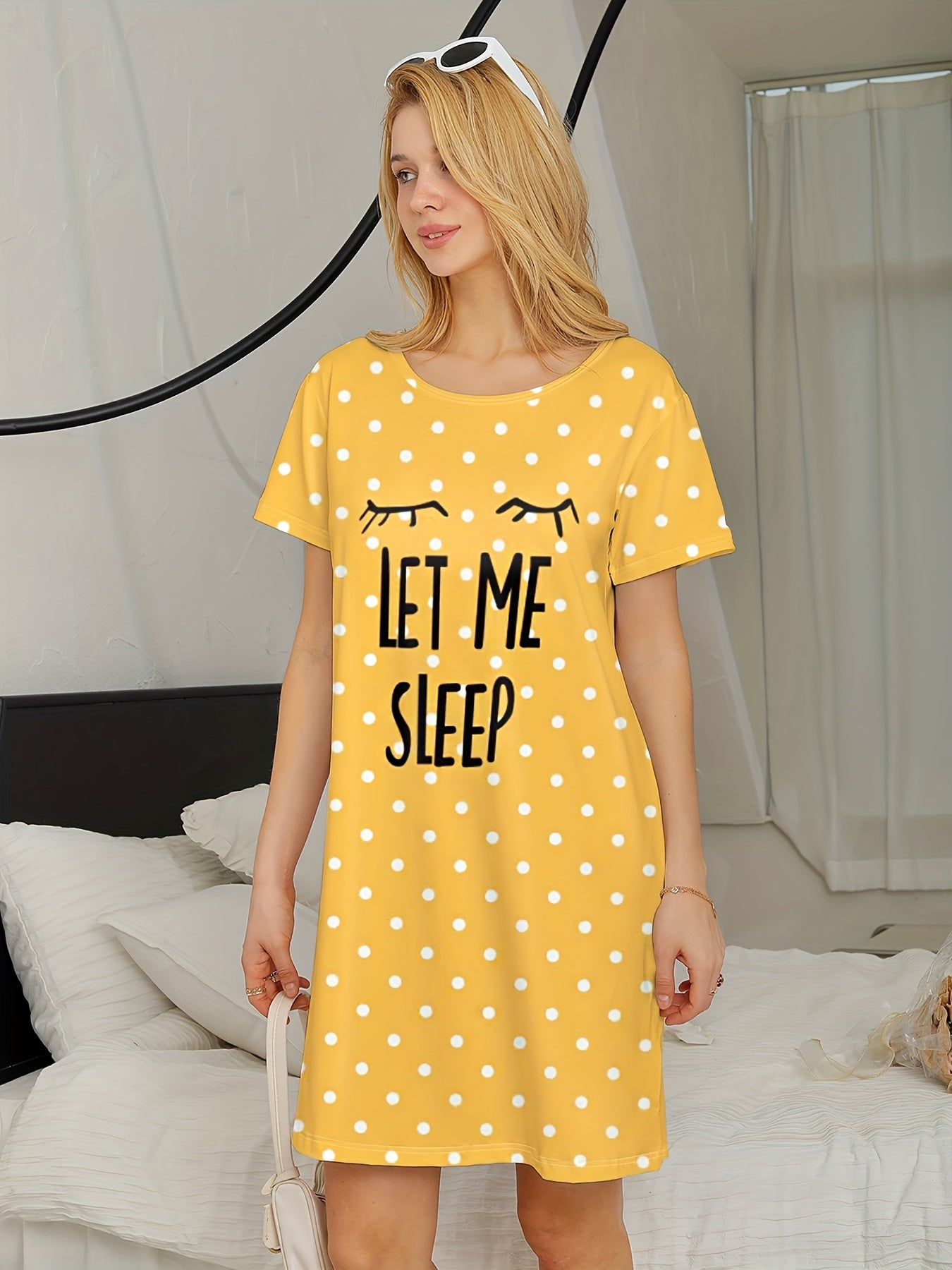 2023 Pink Polka Dot Women's Nightgown - Short Sleeve, Round Neck, Soft Polyester & Elastane Blend, Machine Washable Summer Sleep Dress