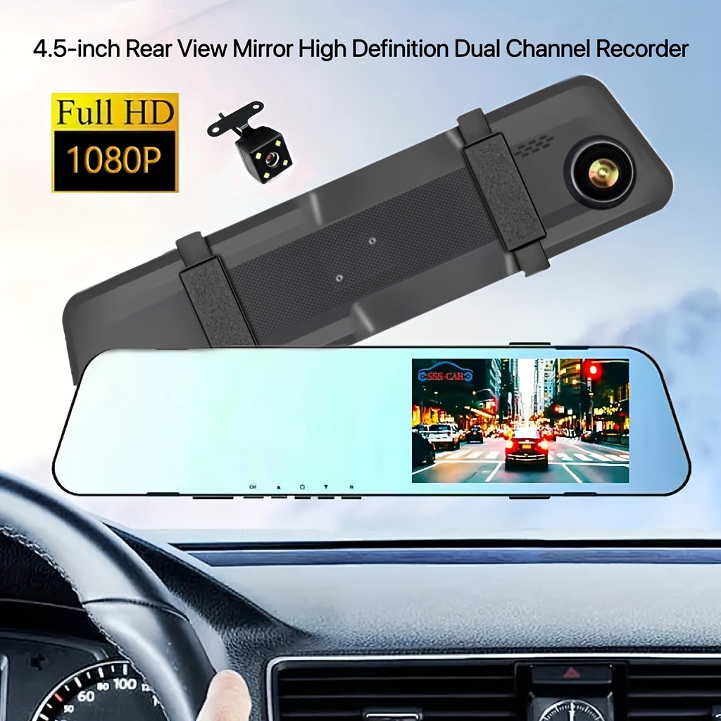 1080P HD Car Recorder with Dual Camera and Anti-Glare Blue Light Rearview Mirror - Easy Mount, USB/Battery Power, Night Vision for Urban Driving, Laptop and Car Compatible.