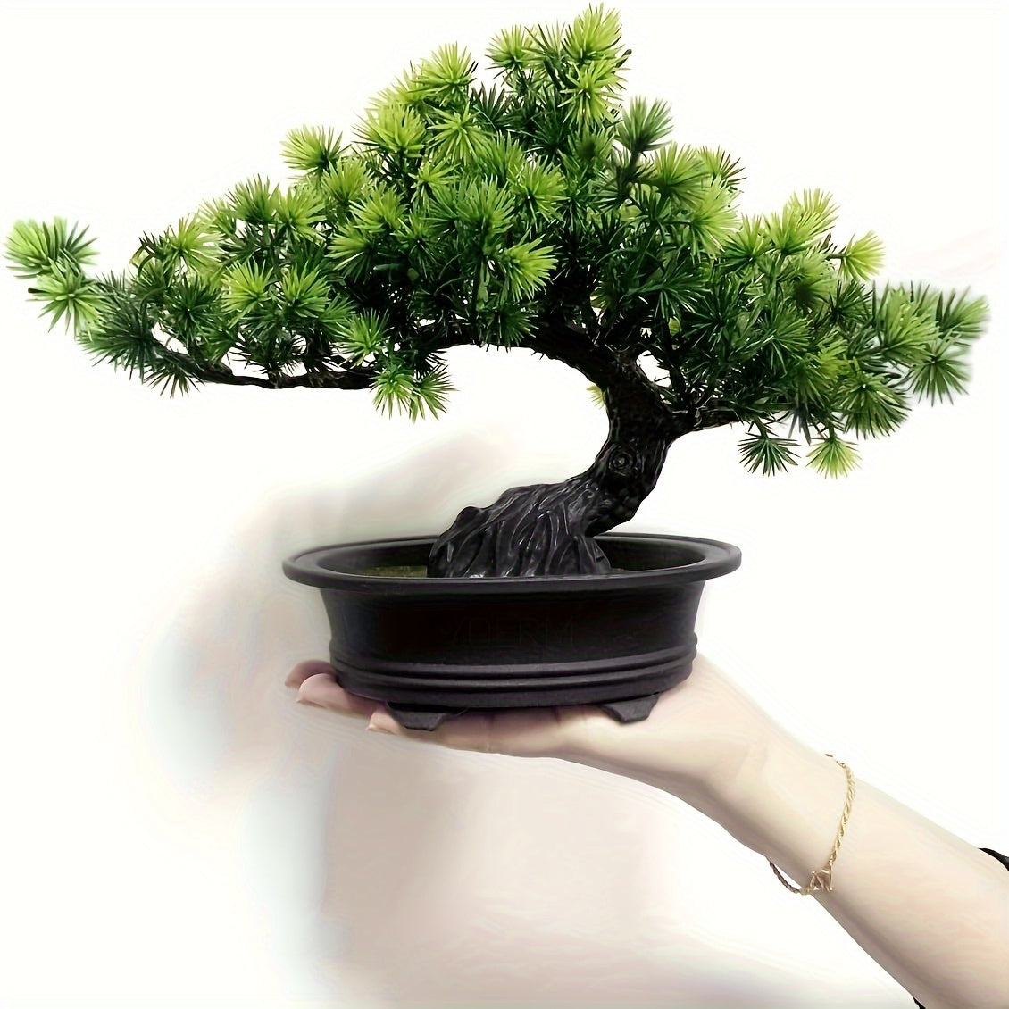 1 Artificial Pine Bonsai Tree in Black Pot - 24.13cm Tall, Low Maintenance Indoor Greenery for Home Decor