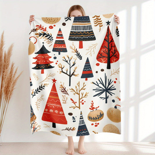 One piece Christmas tree and festive decor patterned, soft and warm flannel lightweight fleece blanket. Suitable for washing and can be used as a sofa throw, for home leisure, office naps, camping, car travel, etc. Features a contemporary style with