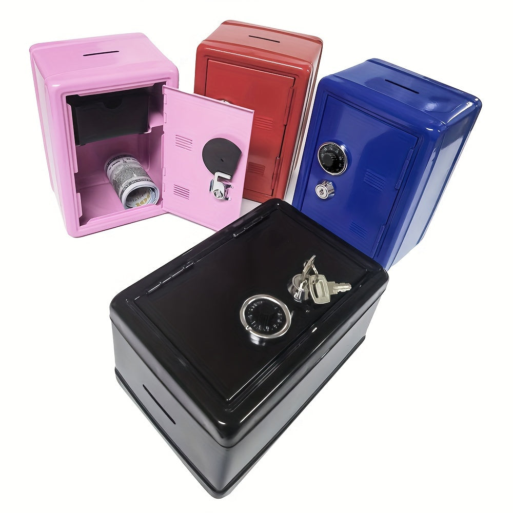 Mini safe bank with combination lock and key for storing money, jewelry, and documents at home. Dimensions: 17.78cm x 11.94cm x 9.91cm, black.