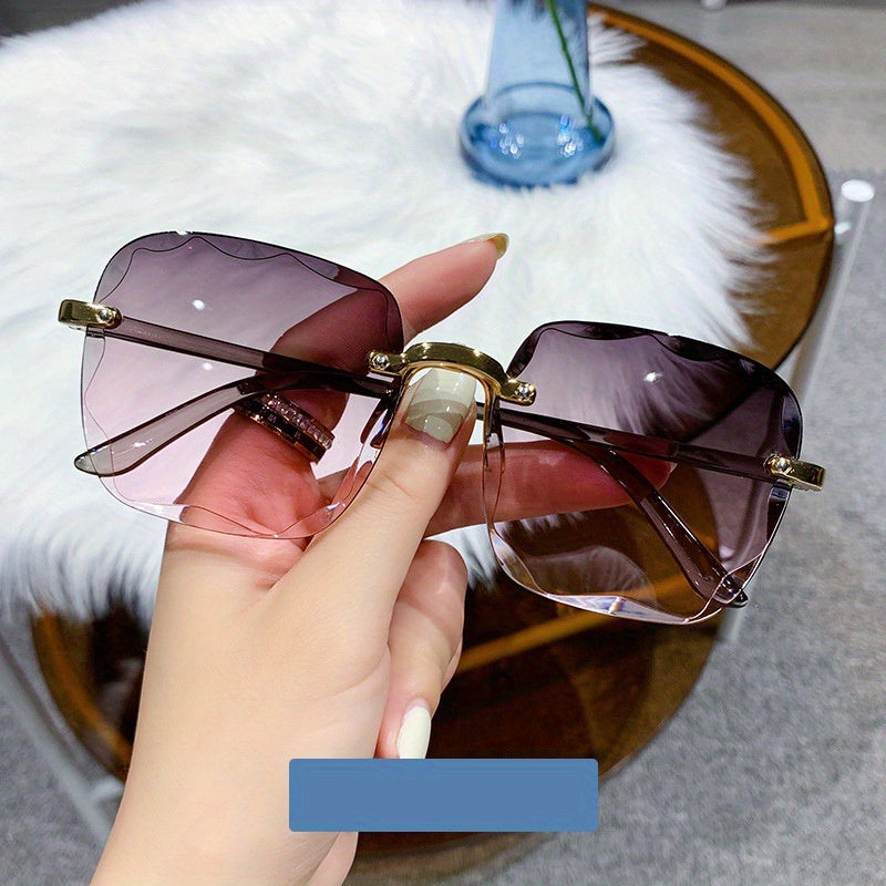 Square rimless fashion glasses for women and men with gradient sun shades, suitable for vacation beach travel. Glasses case not included.