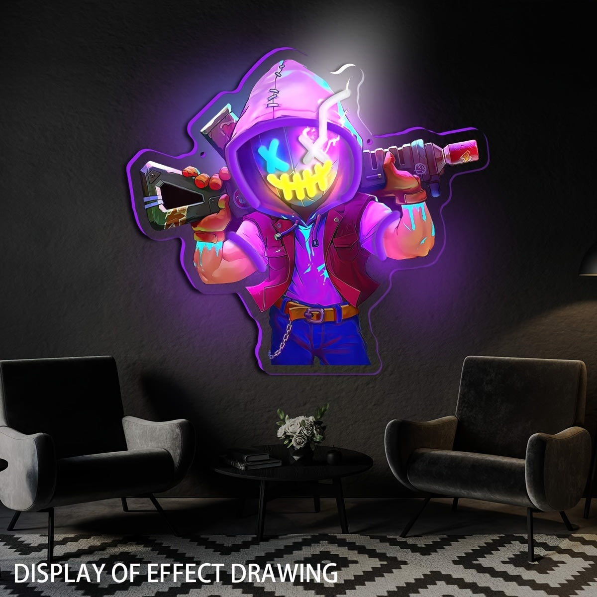 Neon Marksman LED wall art with UV printing, ideal for game studios, bars, and bedrooms, powered by USB.