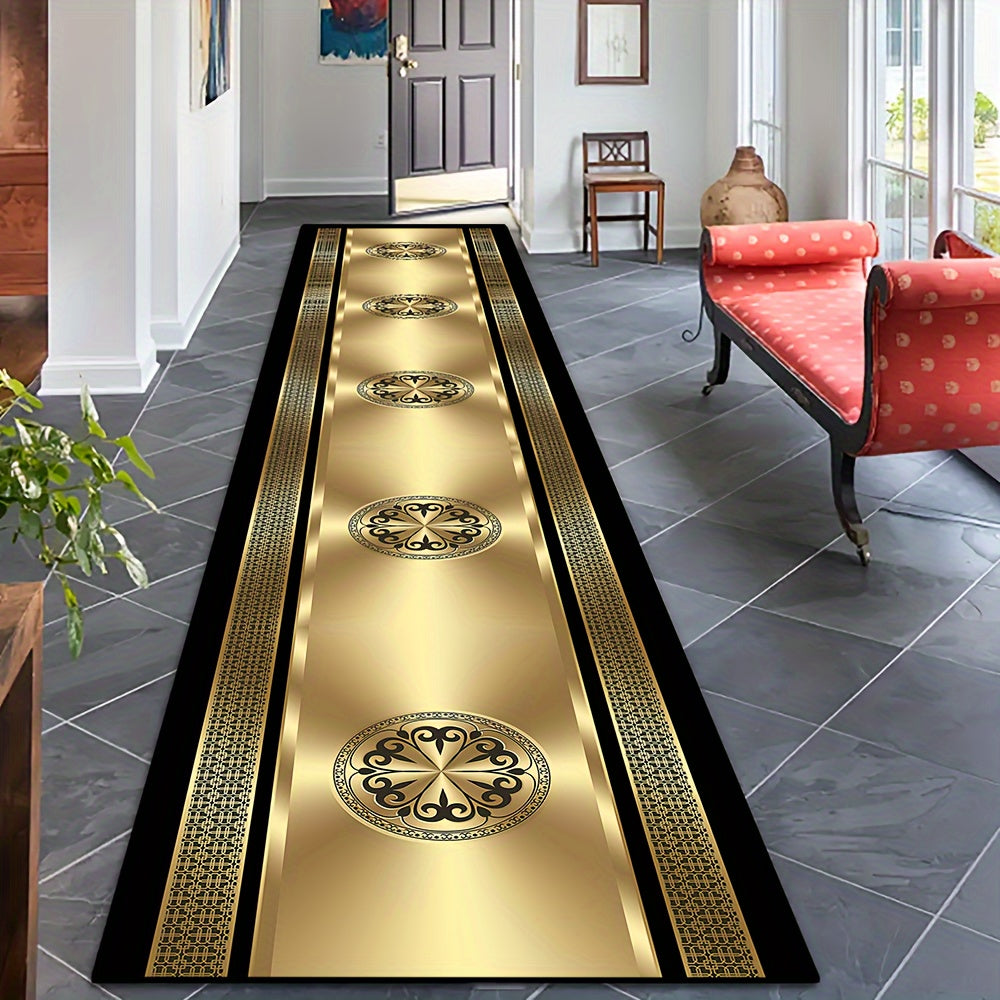 Luxurious European-Style Hotel & Villa Entrance Rug with Golden Design, Stain-Resistant Crystal Velvet Material, Non-Slip, Washable, Perfect for Banquet Halls and Airport Lounges. Machine-Made with Medium Pile Height, Polyester Material, Length is at