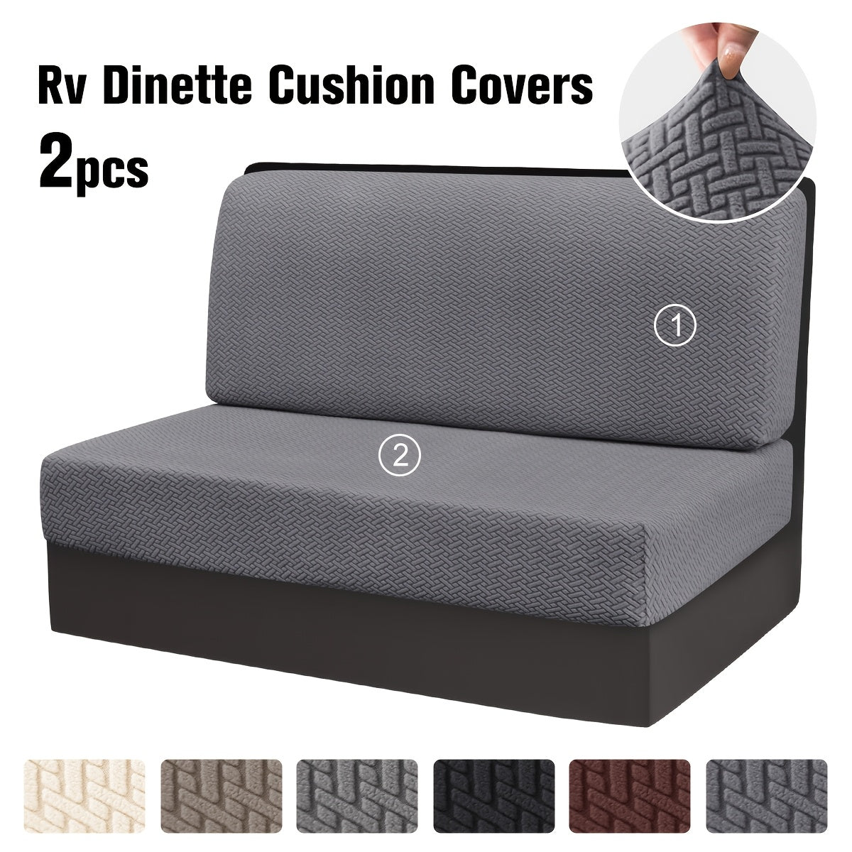 Modern 2-piece RV cushion slipcover set made of stretchy jacquard fabric. Machine washable with slipcover grip and elastic band for camping bench and furniture protection. Made of polyester and spandex.