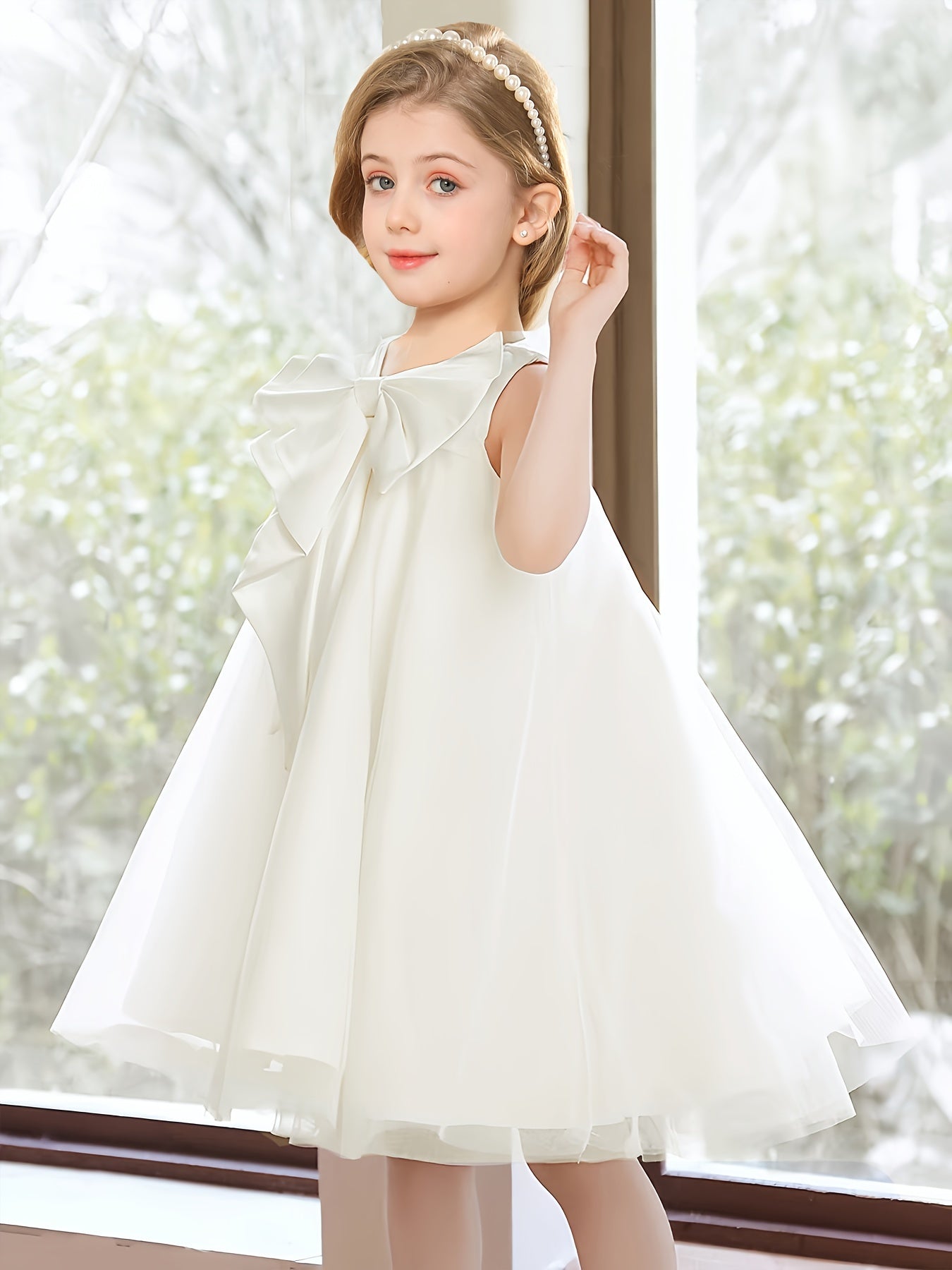 Cute sleeveless girls' gown with large bow, knee-length tulle tutu for parties