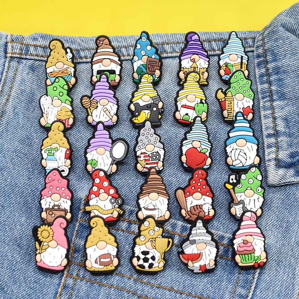 A set of 25 plastic pins featuring a green cake, camera, apple, football, volleyball, and gnome series patterns. These pins are suitable for decorating backpacks, collars, and other handmade accessories.