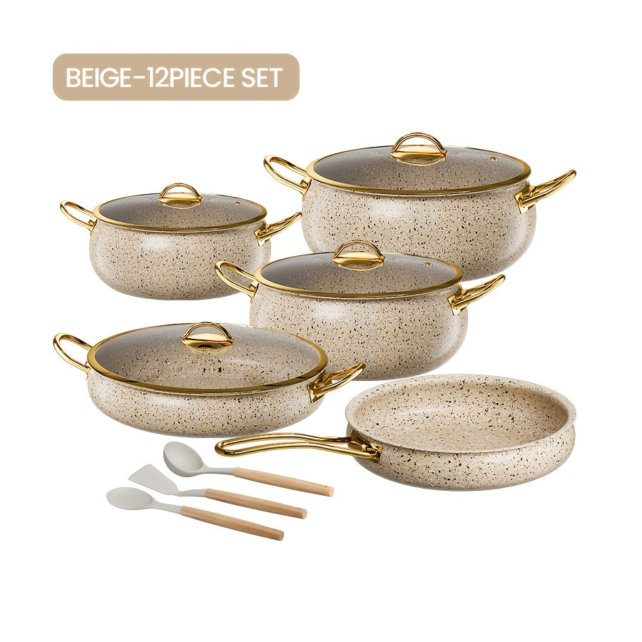 This stainless steel cookware set includes 12 pieces, featuring a triple-layer high-temperature resistant non-stick coating. The set also has golden-plated handles and heat-resistant silicone wood utensils. It is easy to clean, ensures even heat