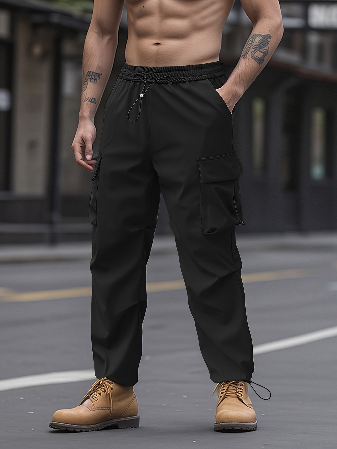 Unisex adult cargo pants with flap pockets, drawstring waist, and solid color.