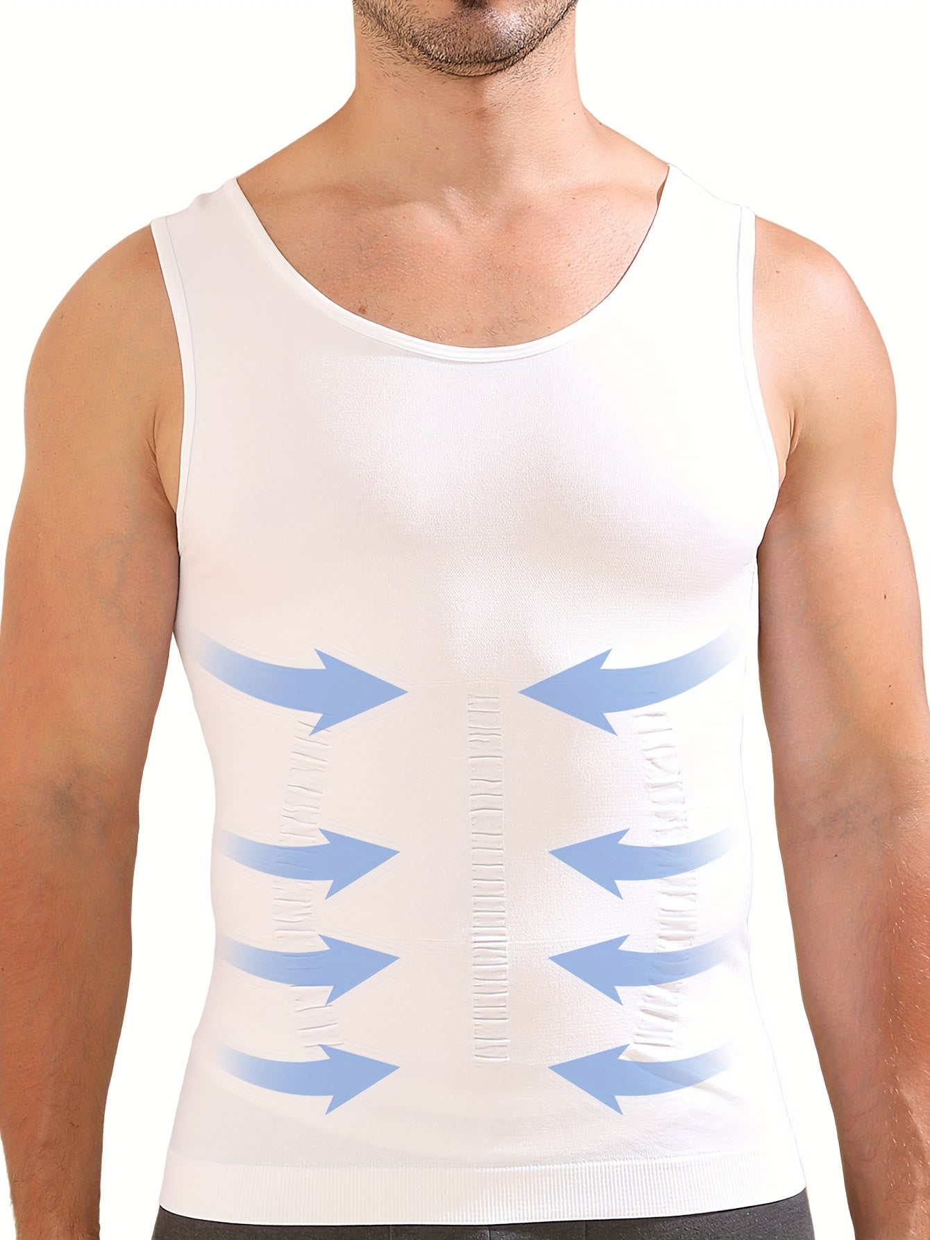 Men's body shaping tank top with breathable fabric, wide shoulder straps, designed to slim waist and chest.