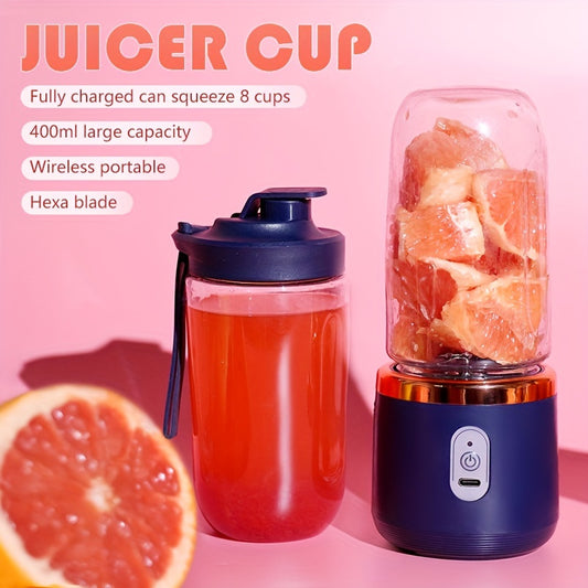 Portable USB juicer with 6 blades, wireless and rechargeable. Great for juicing fruits and crushing ice.