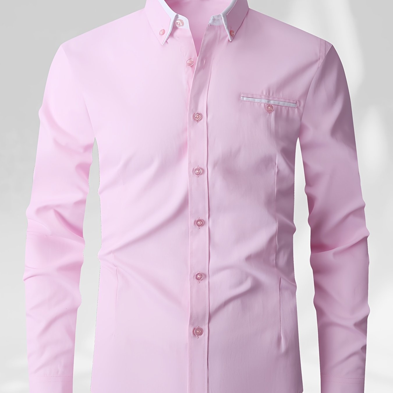 Men's color block shirt, made of 60% polyester and 40% cotton, with long sleeves, regular fit, lapel collar, and button details. Made of woven fabric, non-stretch, and suitable for work