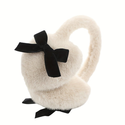 Stylish Women's Plush Heart-Shaped Earmuffs adorned with a Black Bow - keeping you Fashionably Cozy & Warm this Winter