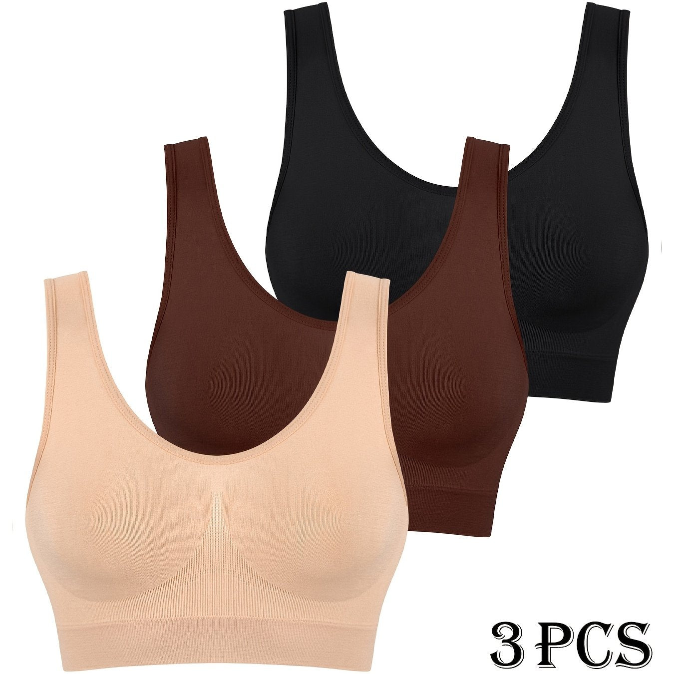 3 seamless high support sports bras for women made of polyamide and elastane. No padding, shockproof, wirefree comfort.