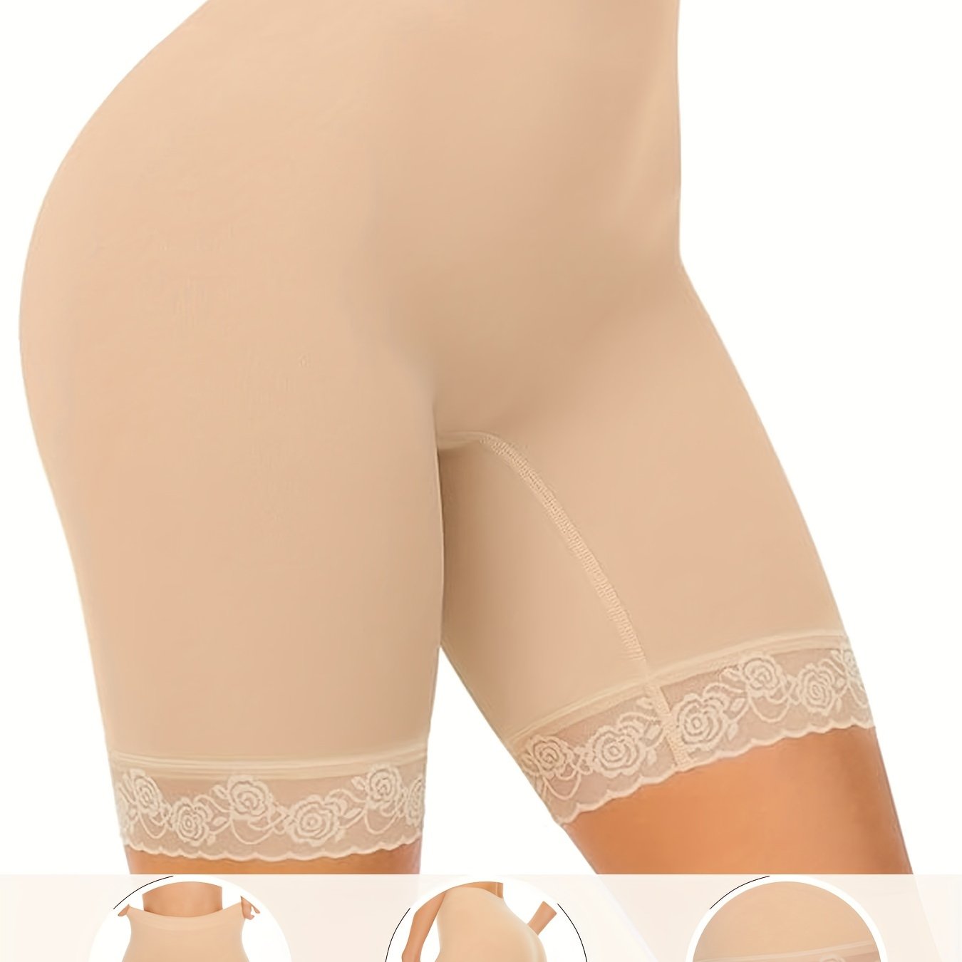 Seamless lace-trimmed chub rub shorts for women with high waist, anti-chafing properties, and made from a stretchy nylon/elastane blend, perfect for dresses and skirts.