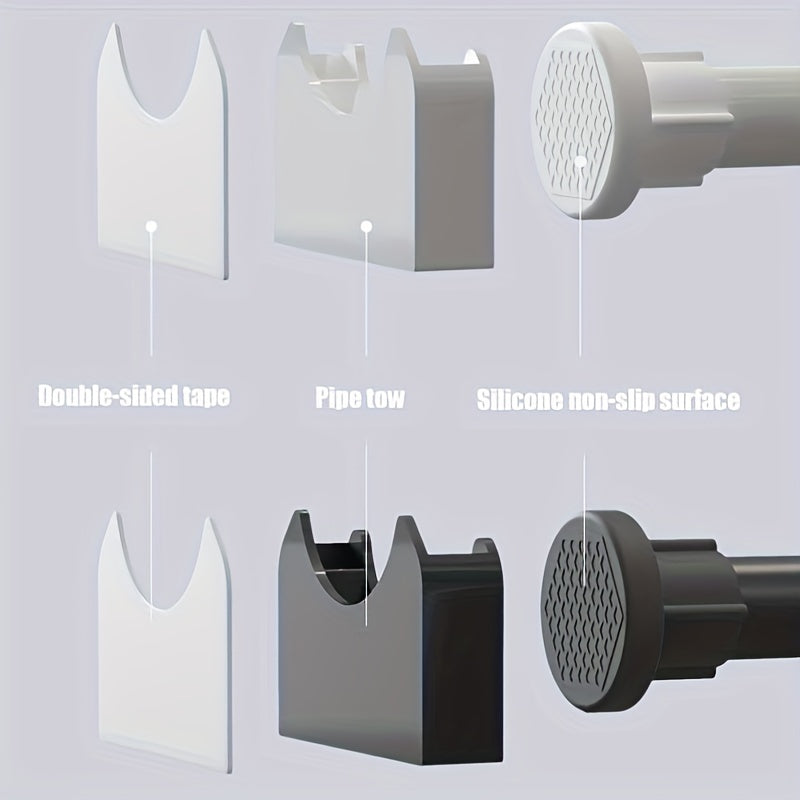 Upgraded adhesive pole holder for easy installation, anti-slip and suitable for various poles, such as clothes drying and shower curtain.