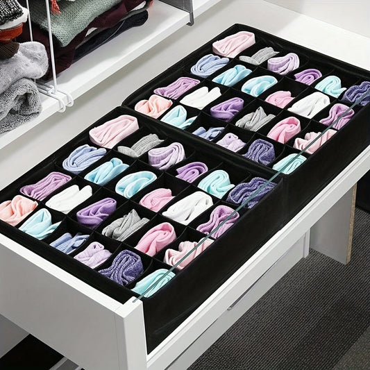 One-piece Foldable Closet Organizer with 24 cells for versatile underwear storage, made of polyester material, tension mount design, and resistant to moisture.